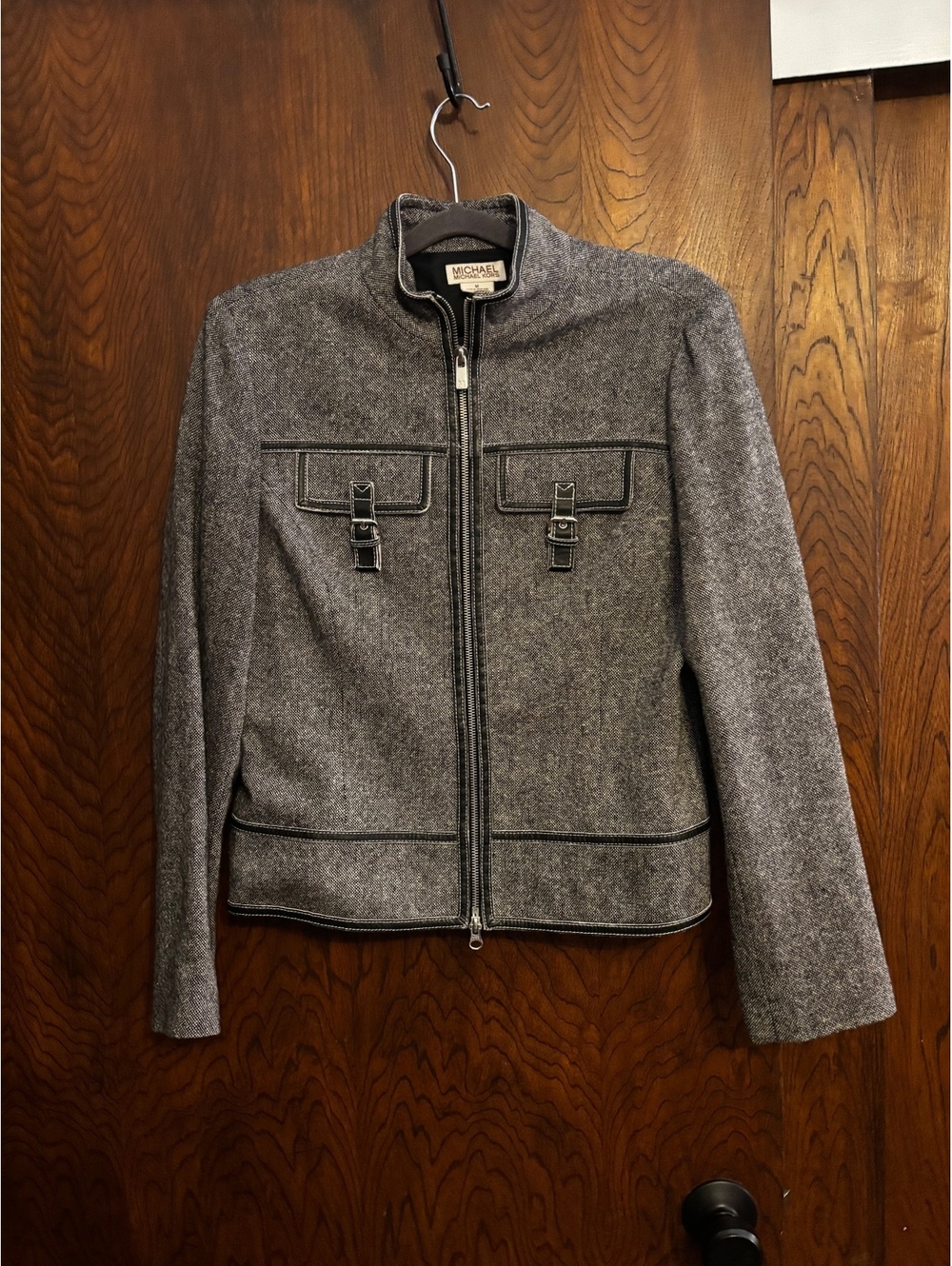 Michael Kors Medium Gray Wool Blend Zip-Up Jacket with Faux Leather Trim